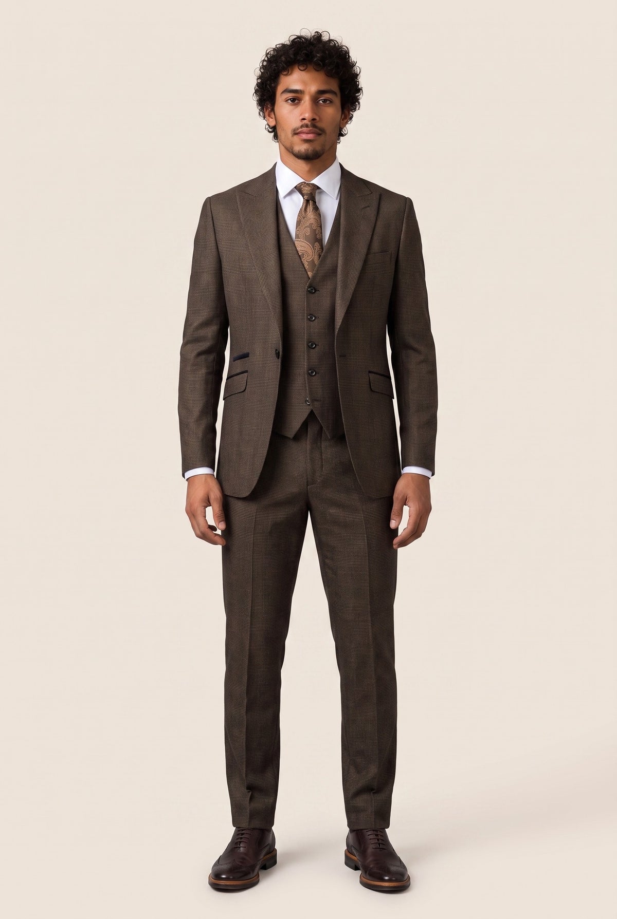 Look #1004 styled with Herr 3-delad rutig kostym i tweed svart brun skräddarsydd passform bröllop peaky klassisk