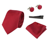 Röd slips i satin, siden, texturerad, presentset, näsduk, manschettknappar, slips i matt satin