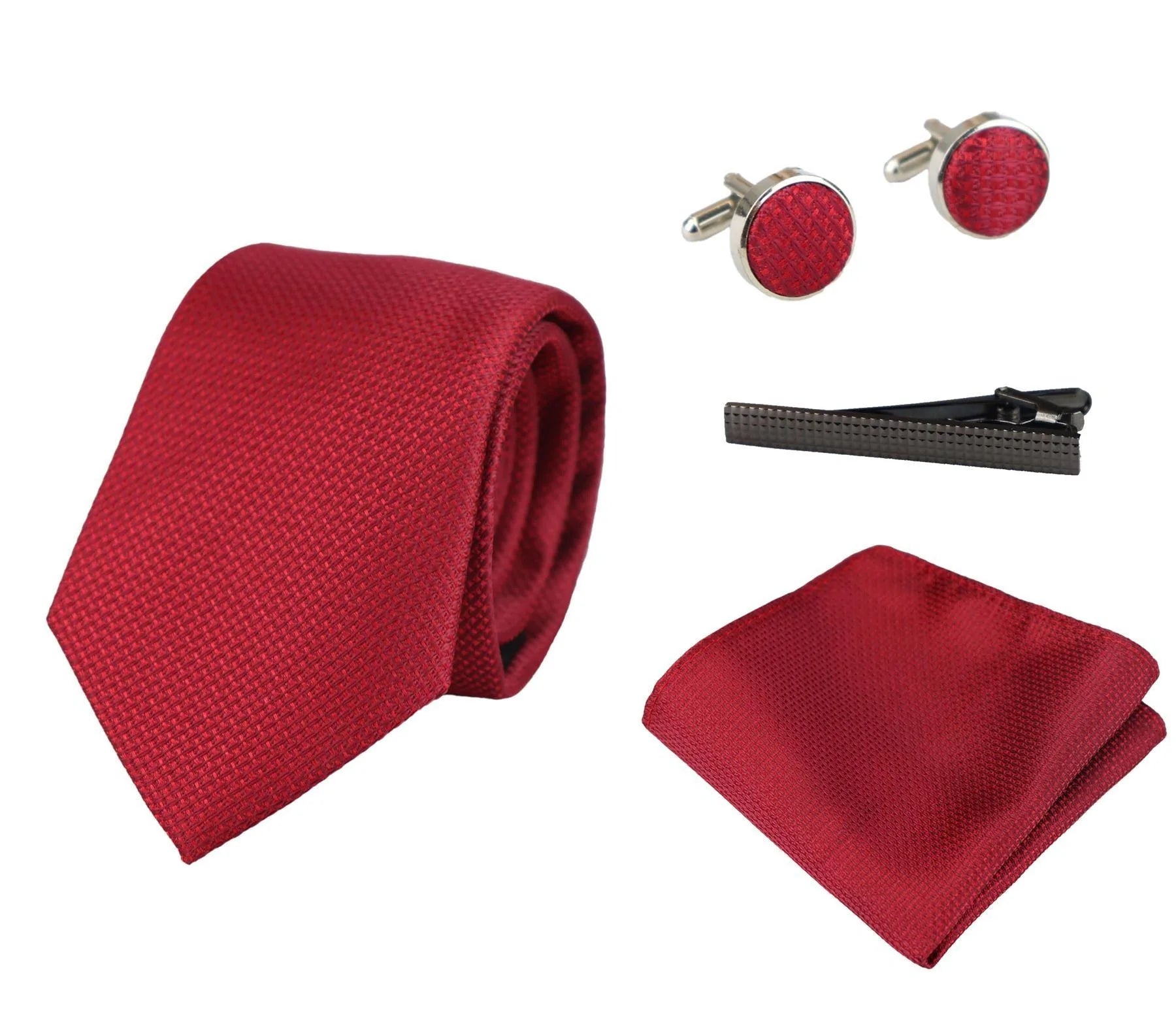 Röd slips i satin, siden, texturerad, presentset, näsduk, manschettknappar, slips i matt satin