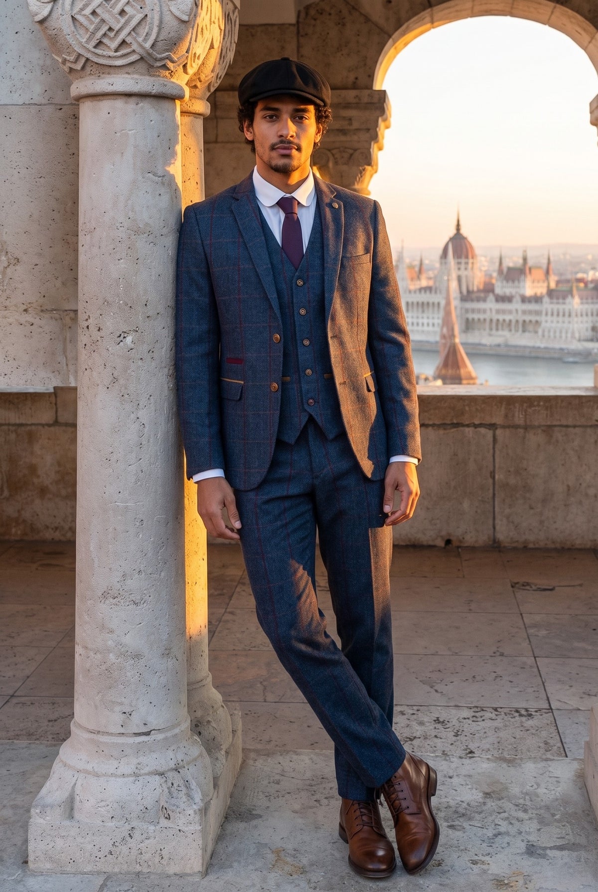 Look #553 styled with Herrkostym i fiskbensmönstrad tweed med 3 delar, marinblå rödrutig, skräddarsydd passform från 1920-talet