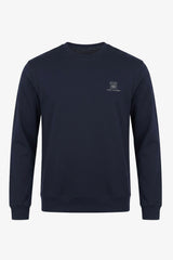 Marinblå herrtröja med rund hals och långärmad stretchig pullover i bomullsblandning