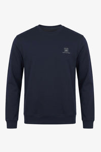 Marinblå herrtröja med rund hals och långärmad stretchig pullover i bomullsblandning