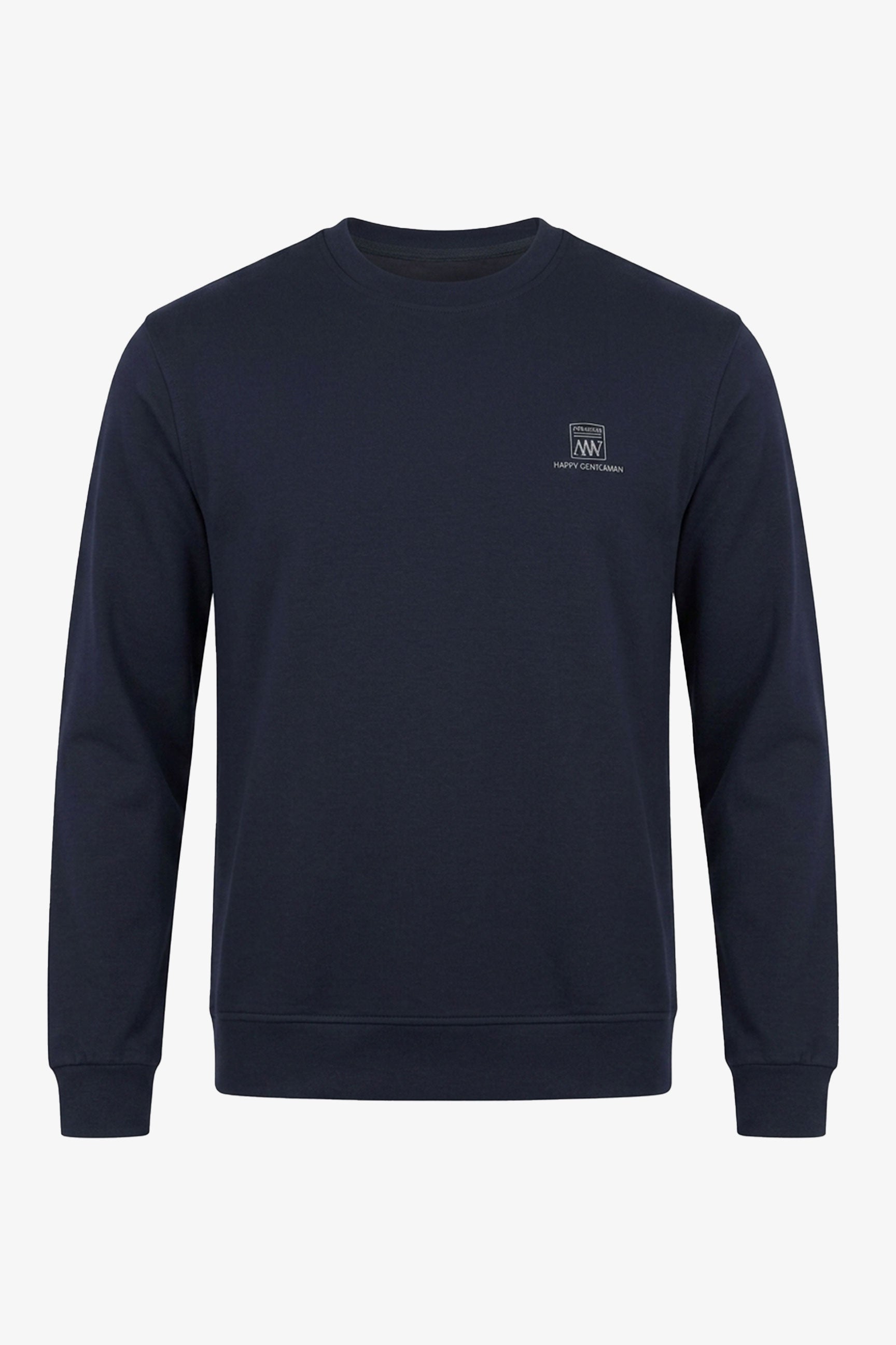 Marinblå herrtröja med rund hals och långärmad stretchig pullover i bomullsblandning