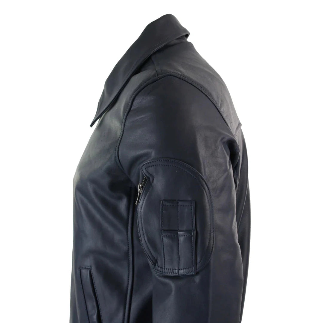 Herr Harrington marinblå klassisk bomberjacka i läder med pilotmotiv