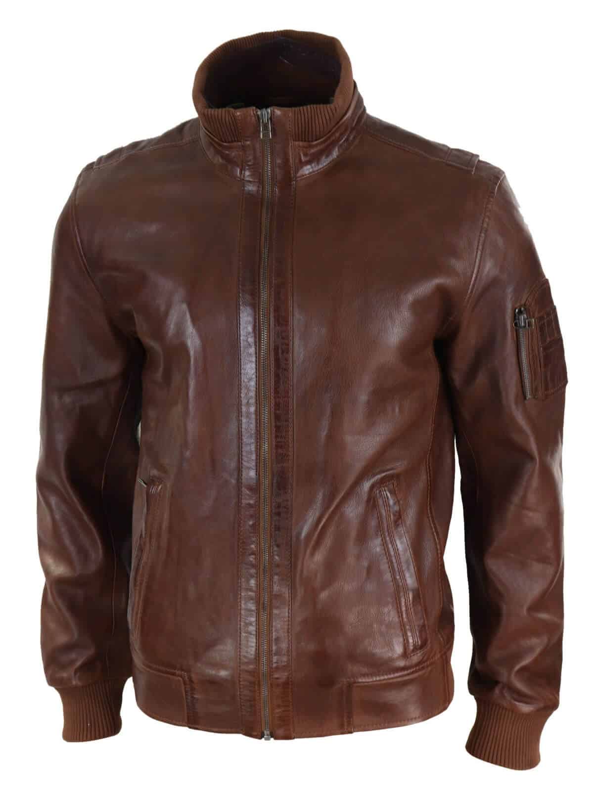 Höstjacka i äkta läder med hög hals för män - Timber Colour