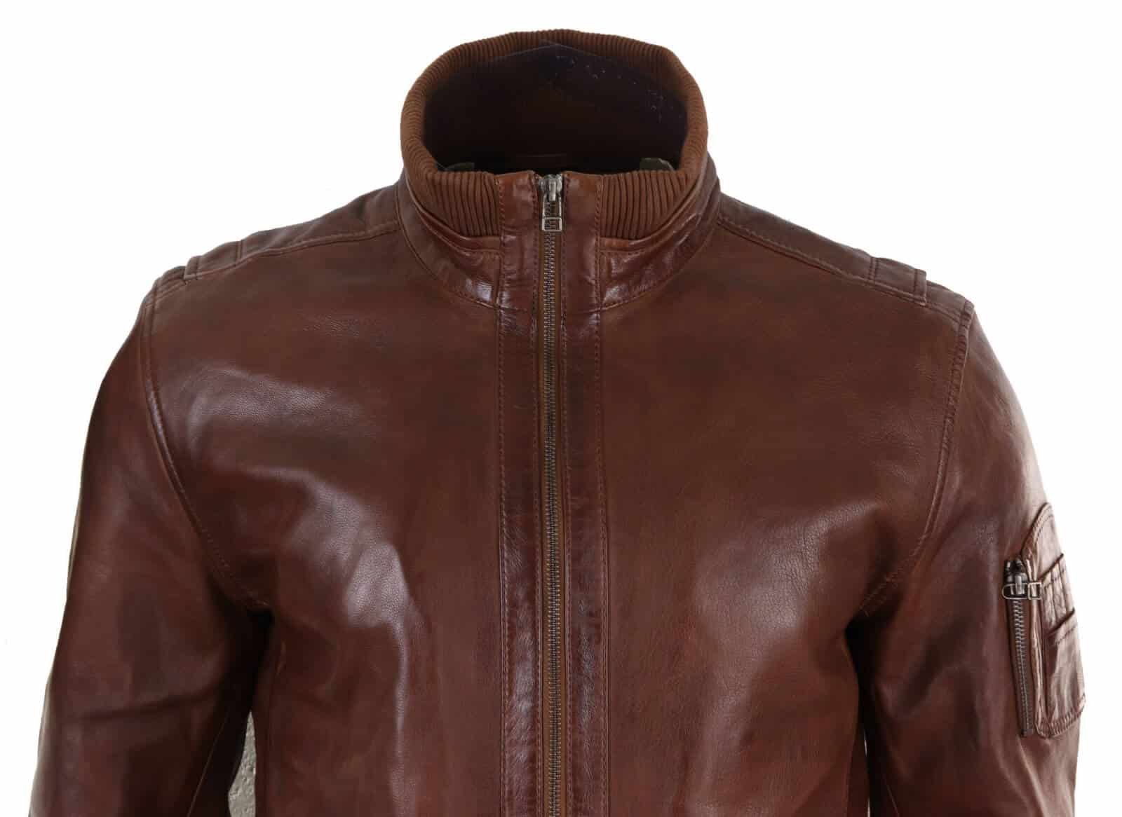 Höstjacka i äkta läder med hög hals för män - Timber Colour