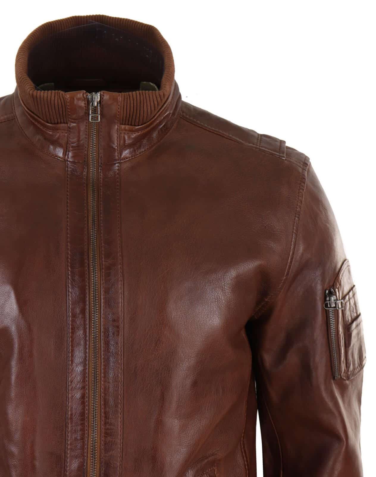 Höstjacka i äkta läder med hög hals för män - Timber Colour