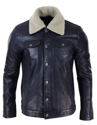 Herrjeansjacka i äkta läder med pälskrage, retro vintage, klassisk, marinblå, casual