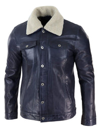Herrjeansjacka i äkta läder med pälskrage, retro vintage, klassisk, marinblå, casual