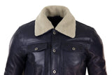 Herrjeansjacka i äkta läder med pälskrage, retro vintage, klassisk, marinblå, casual