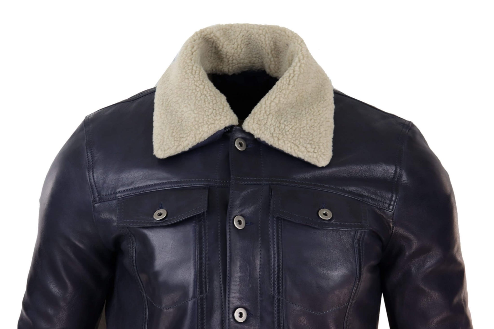 Herrjeansjacka i äkta läder med pälskrage, retro vintage, klassisk, marinblå, casual