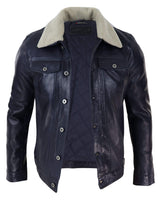 Herrjeansjacka i äkta läder med pälskrage, retro vintage, klassisk, marinblå, casual