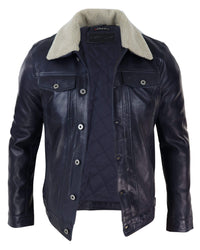 Herrjeansjacka i äkta läder med pälskrage, retro vintage, klassisk, marinblå, casual