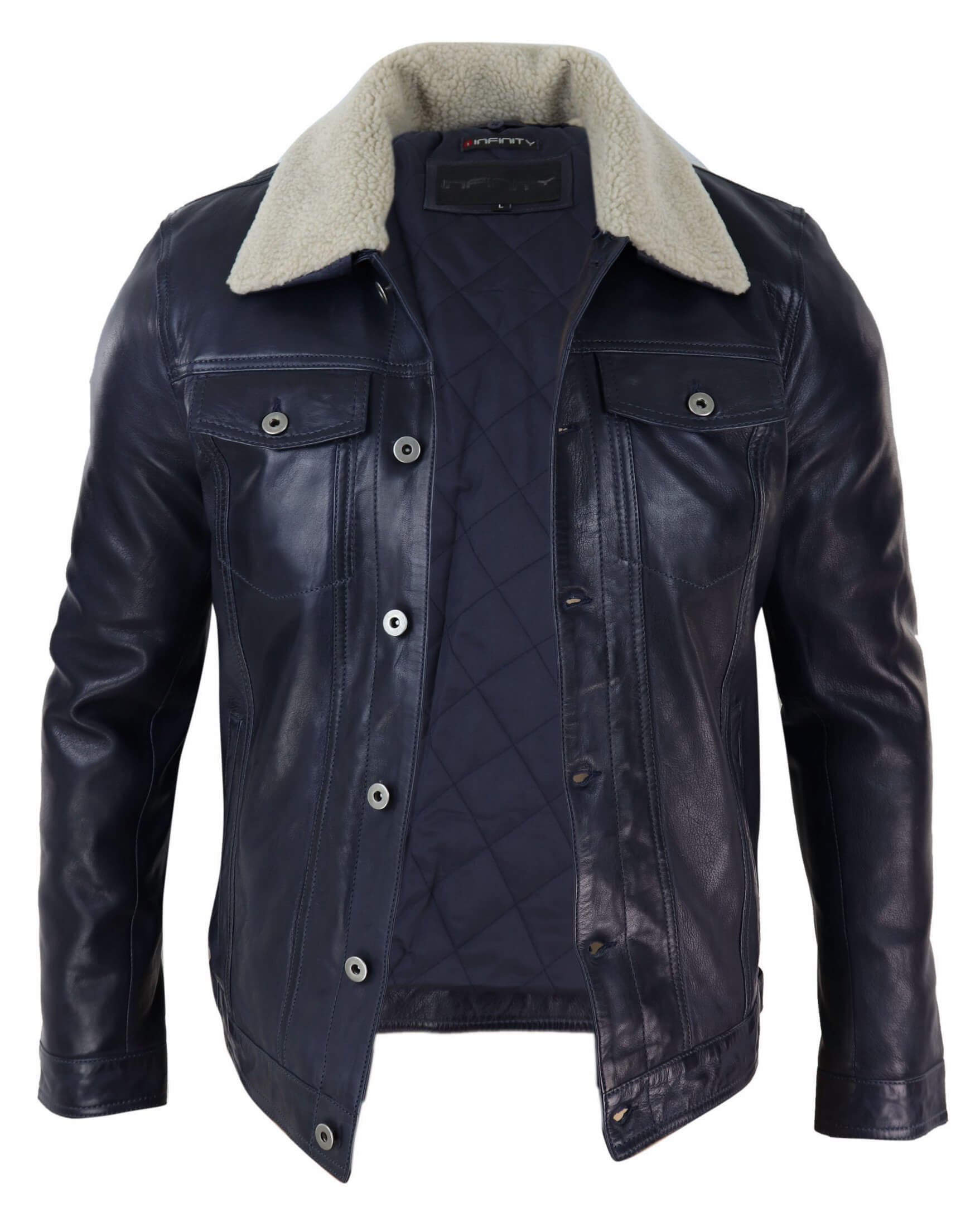 Herrjeansjacka i äkta läder med pälskrage, retro vintage, klassisk, marinblå, casual
