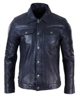 Herrjeansjacka i äkta läder med pälskrage, retro vintage, klassisk, marinblå, casual