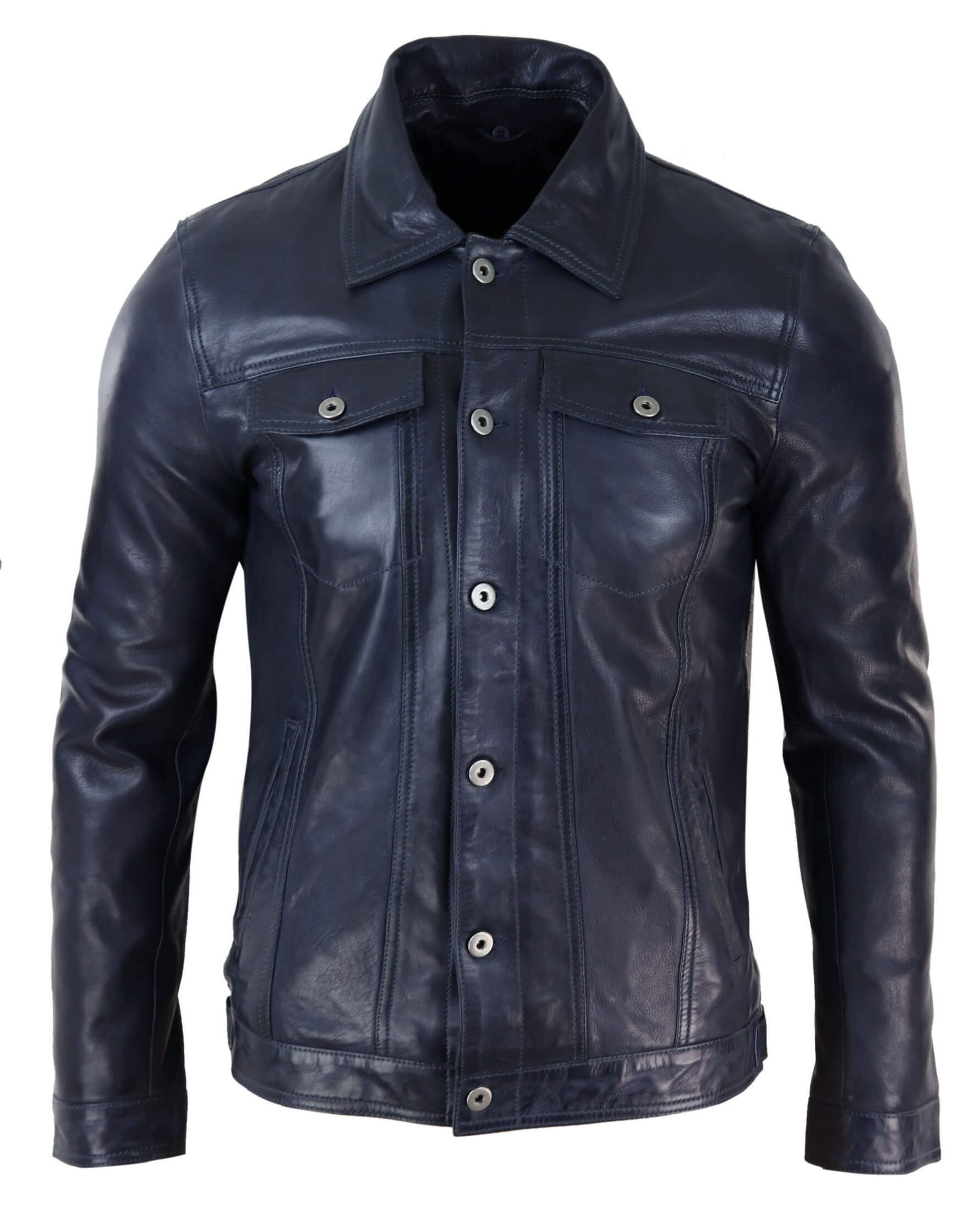 Herrjeansjacka i äkta läder med pälskrage, retro vintage, klassisk, marinblå, casual