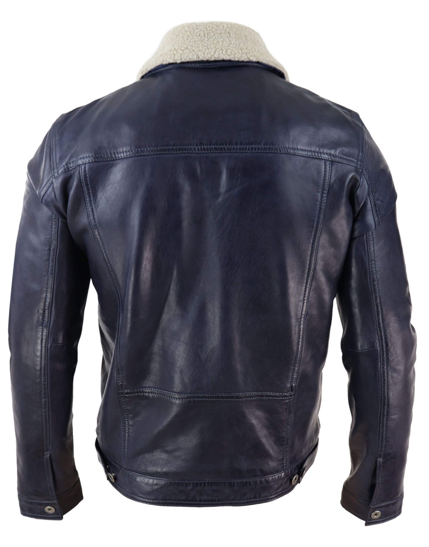 Herrjeansjacka i äkta läder med pälskrage, retro vintage, klassisk, marinblå, casual