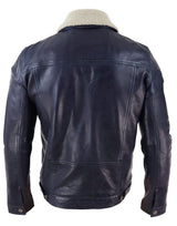 Herrjeansjacka i äkta läder med pälskrage, retro vintage, klassisk, marinblå, casual