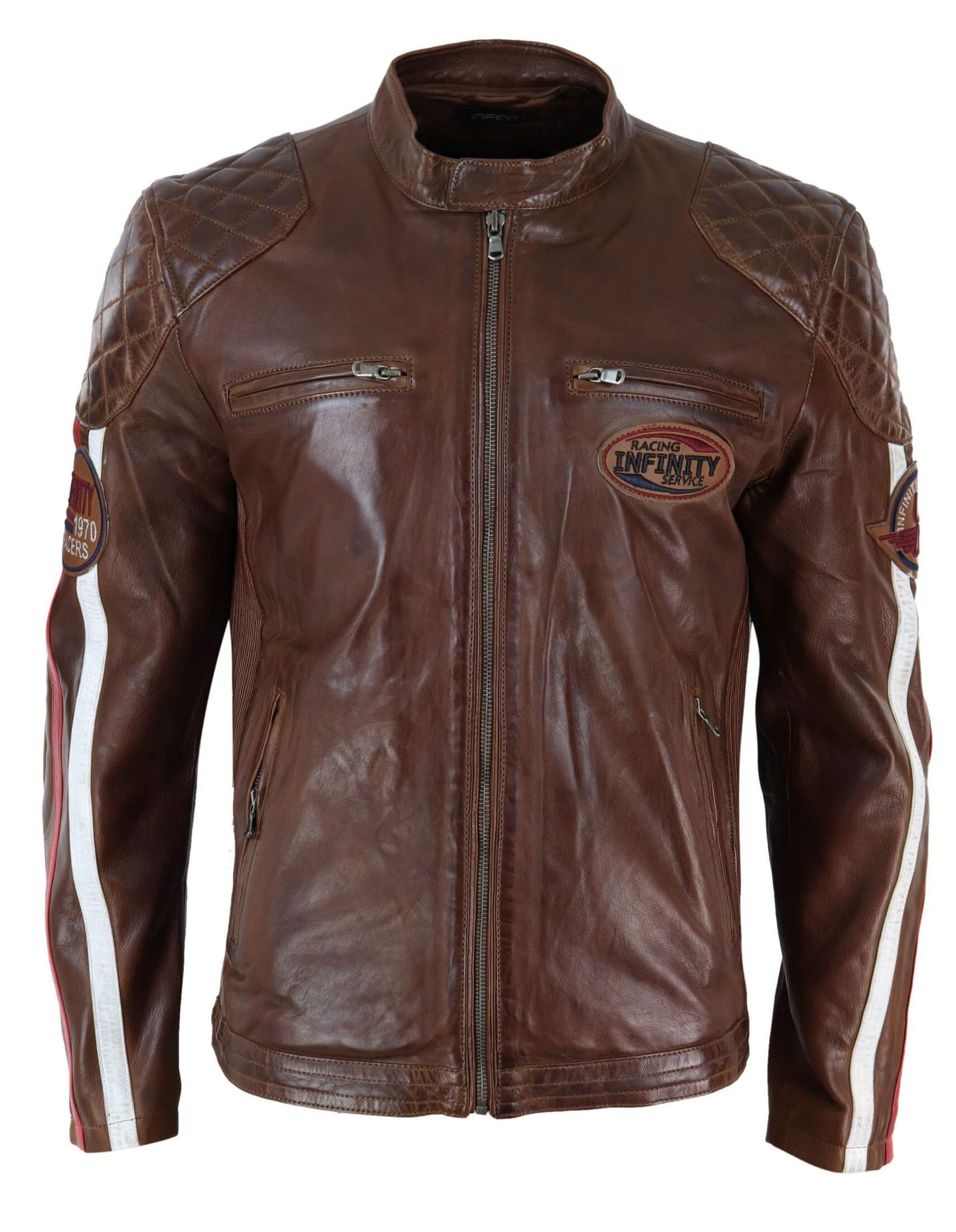 Äkta Läder Svart Marinblå Brun Herr Racingjacka Randiga Ärmar Moto Biker - Timber