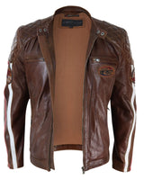 Äkta Läder Svart Marinblå Brun Herr Racingjacka Randiga Ärmar Moto Biker - Timber