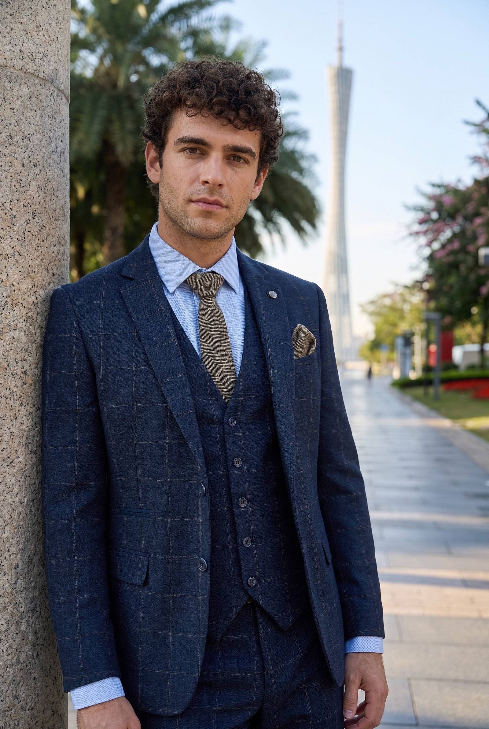 Look #729 styled with Herrkostym i ull, tweed, marinblå, brunrutig, 1920-tals Gatsby