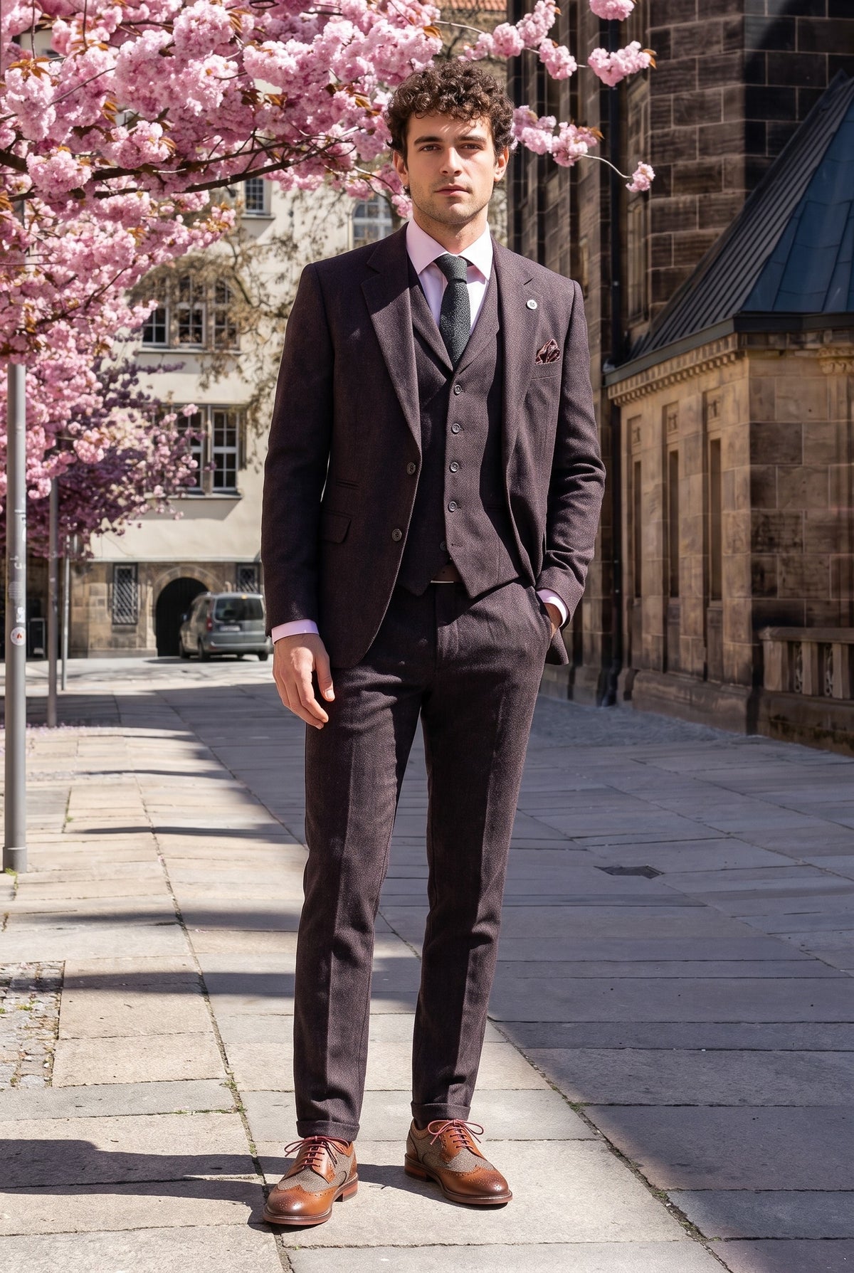 Look #992 styled with Herrkostym i tweed med plommonmönster och fiskbensmönster, tre delar