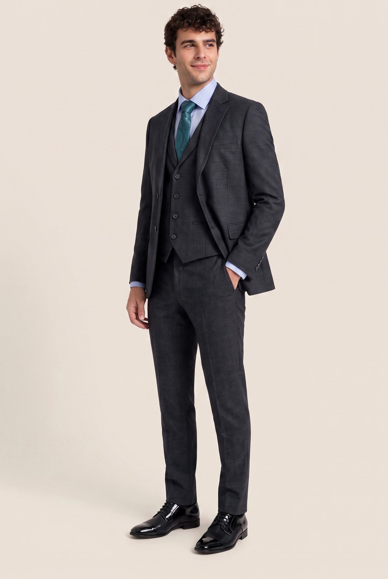 Look #964 styled with Svart Glen Check 3-delad kostym för män