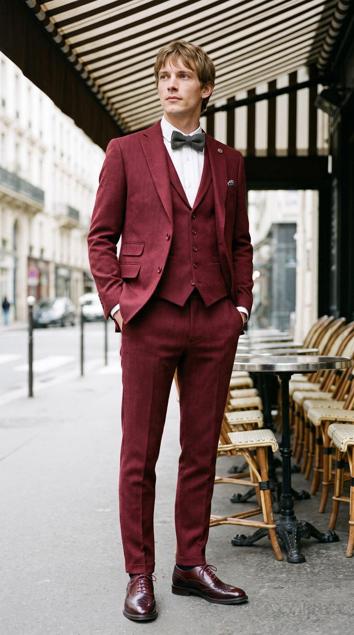 Look #144 styled with Herrkostym i fiskbensmönstrad vinröd tredelad tweed – STZ11