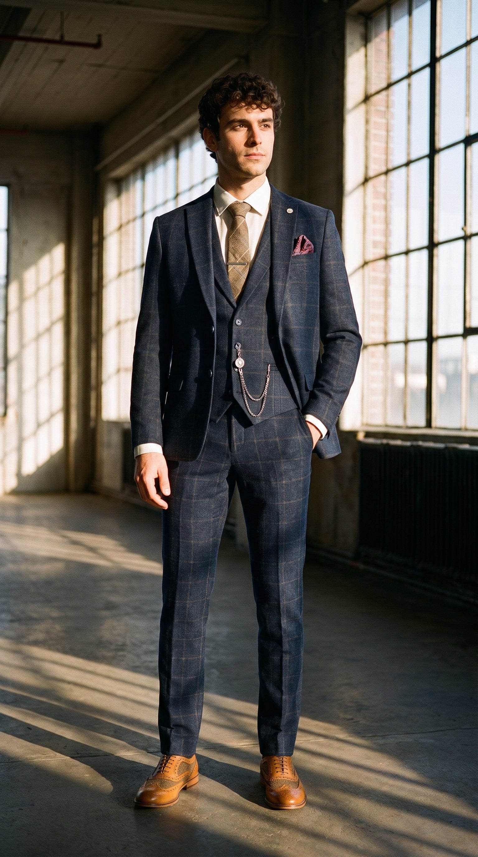 Look #725 styled with Herrkostym i ull, tweed, marinblå, brunrutig, 1920-tals Gatsby
