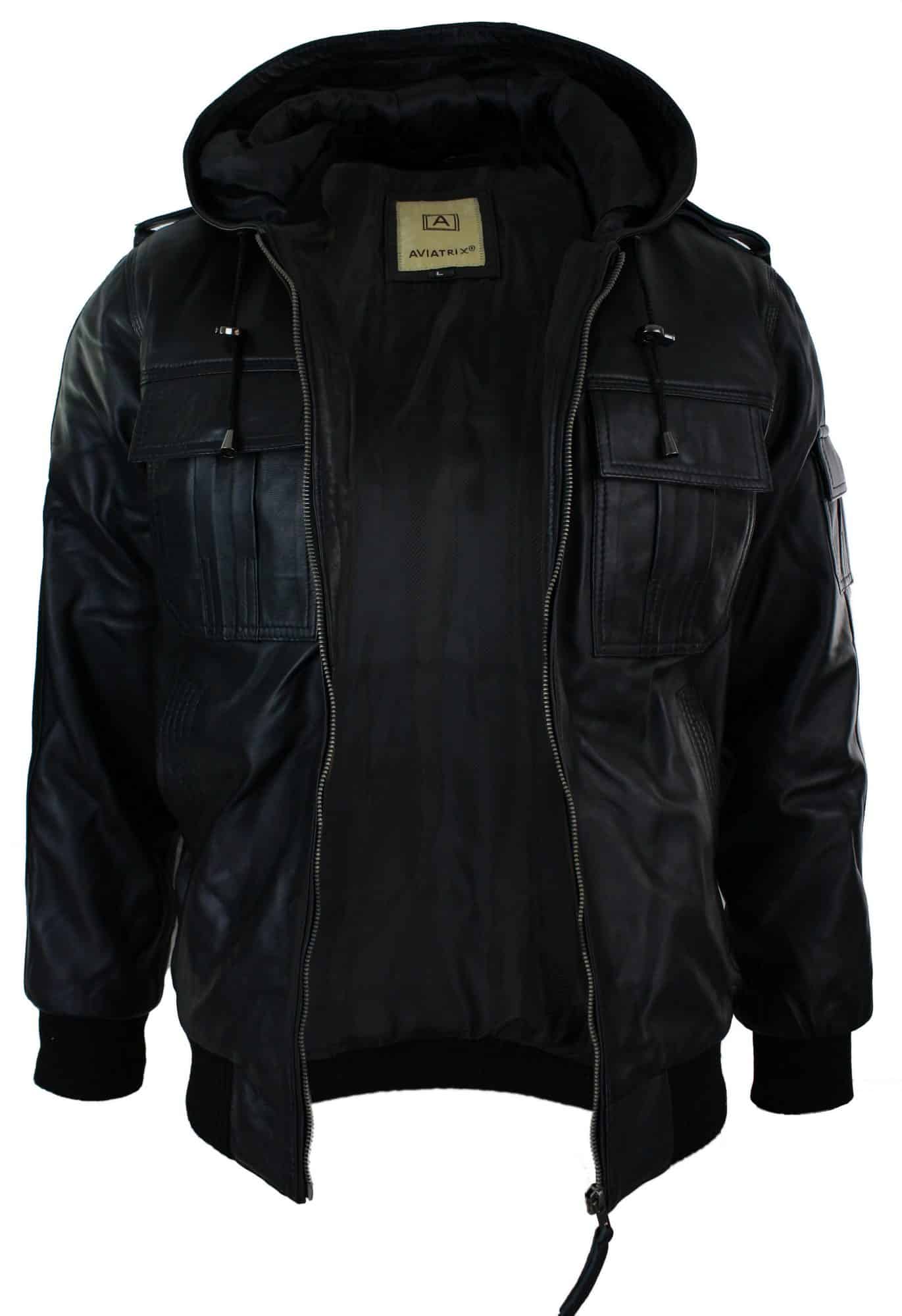 Infinity 661 Herrjacka i Äkta Napa Läder med Huva, Svart Bomberjacka i Slim Fit