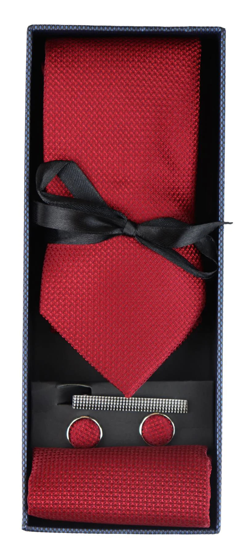 Röd slips i satin, siden, texturerad, presentset, näsduk, manschettknappar, slips i matt satin