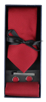 Röd slips i satin, siden, texturerad, presentset, näsduk, manschettknappar, slips i matt satin