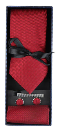 Röd slips i satin, siden, texturerad, presentset, näsduk, manschettknappar, slips i matt satin