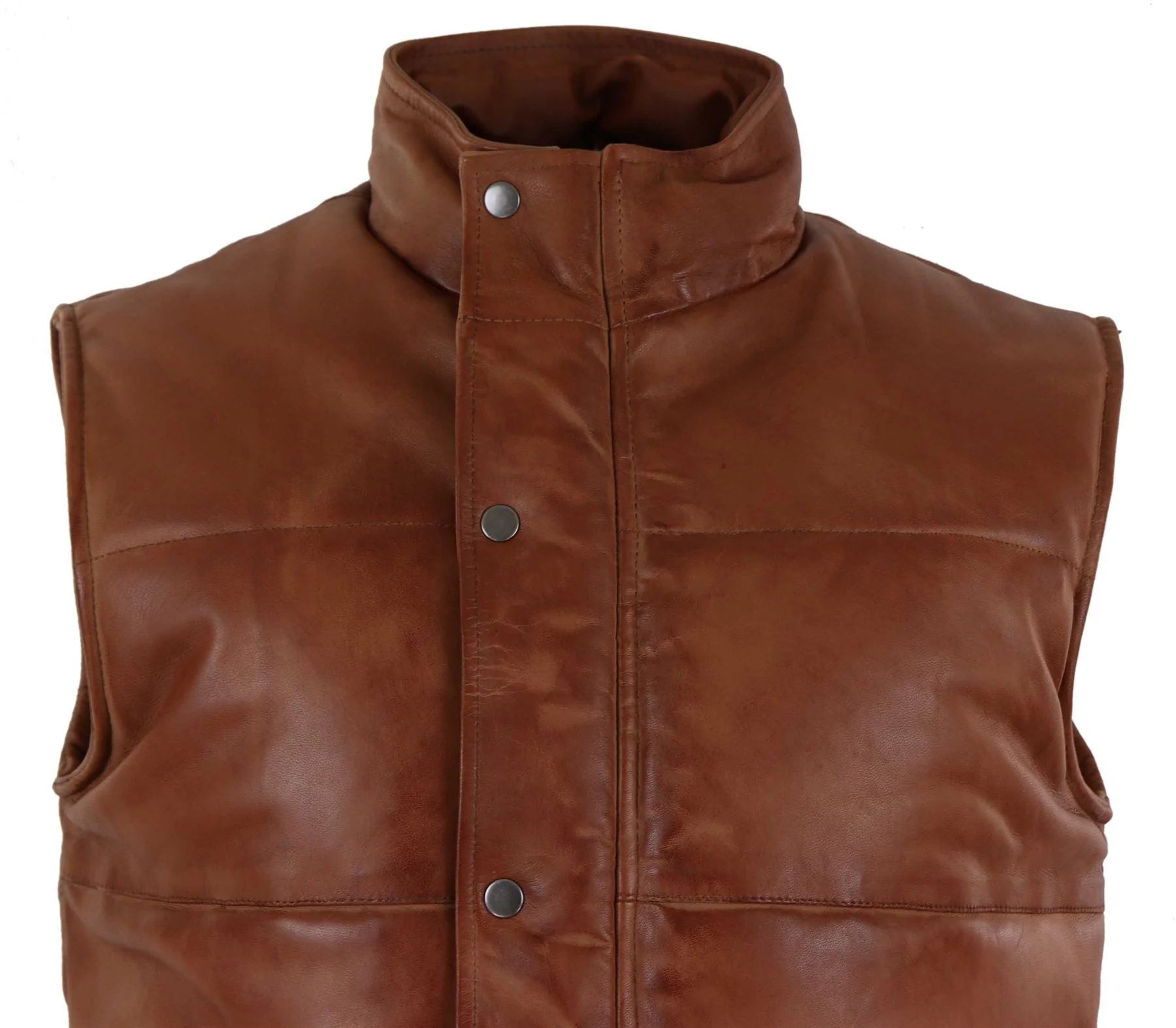 Herrväst i äkta läder, quiltad, vadderad design, varm dragkedja, casual, brun