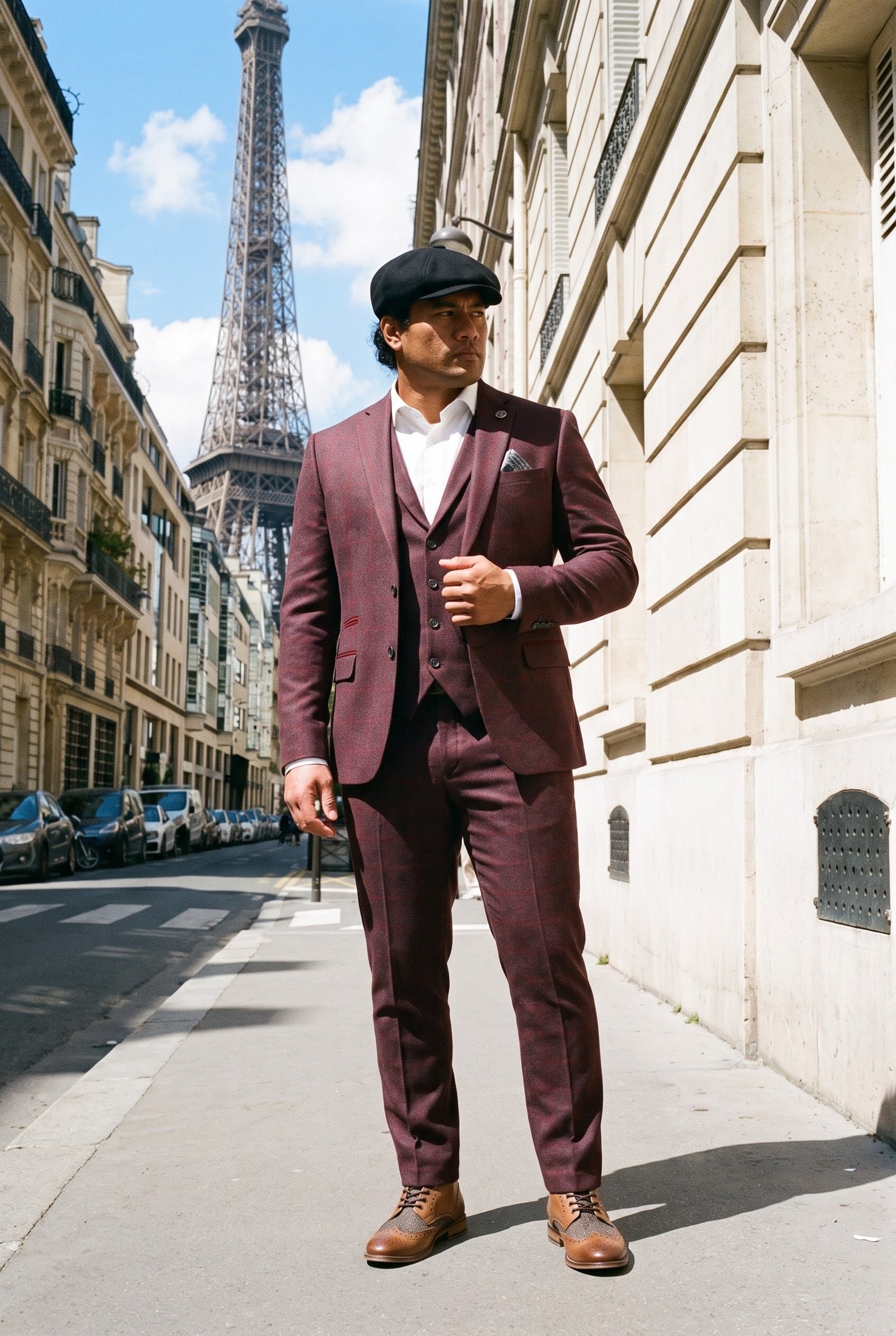 Look #990 styled with Herrkostym i ull, tweed, plommon, vinröd, 1920-tals Gatsby