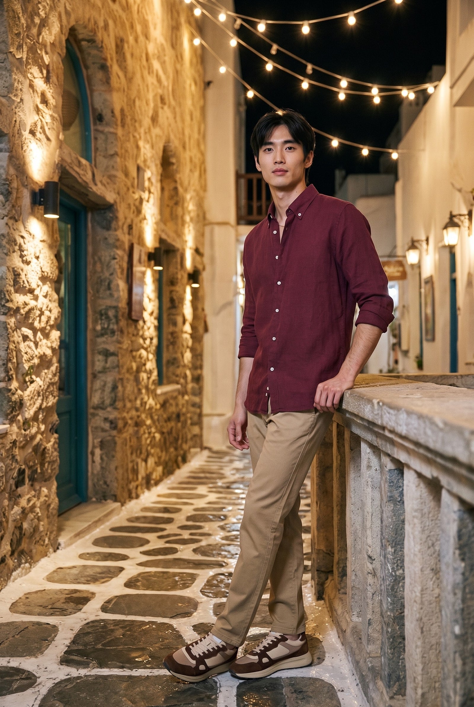 Look #1031 styled with Herrbyxor i kakifärgad linneblandning i chino i tunt sommarmaterial med tencel-bomull