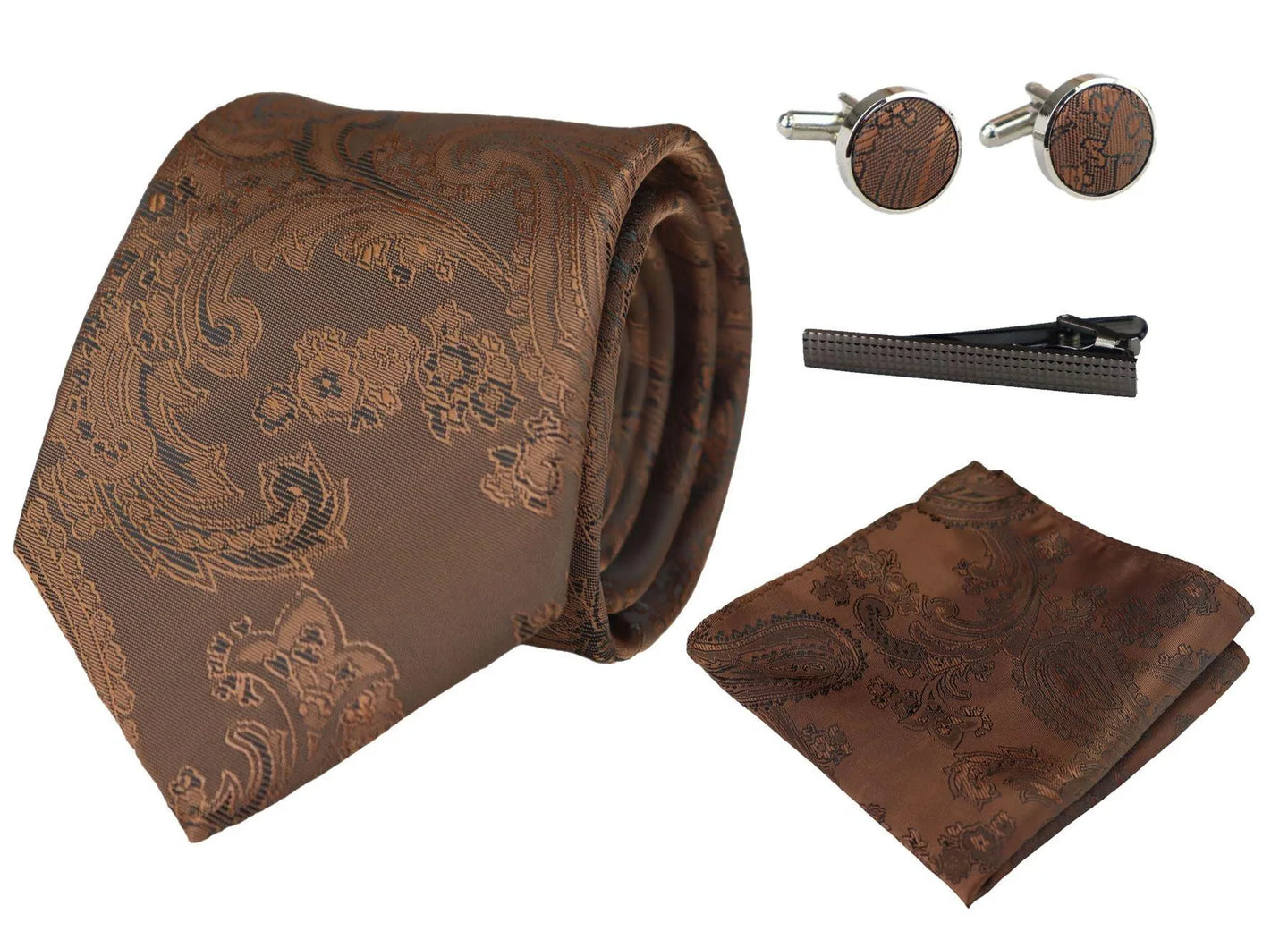Paisleyhalsad brun slips presentset näsduk manschettknappar slips blommig satin