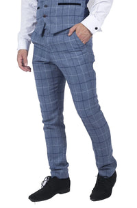 Marc Darcy Ljusblå Marinblå Rutiga Byxor Herr Smart Casual Tweed Slim Fit Clinton