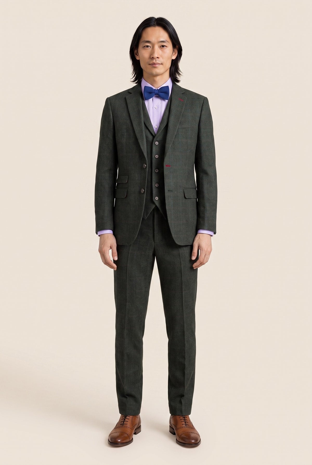Look #1003 styled with Joshua herrkostym i 3 delar, grön tweed, smal passform