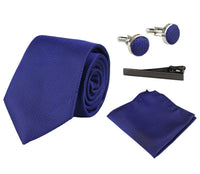Slips i satin, siden, texturerad, blå, presentset, näsduk, manschettknappar, slips i matt satin