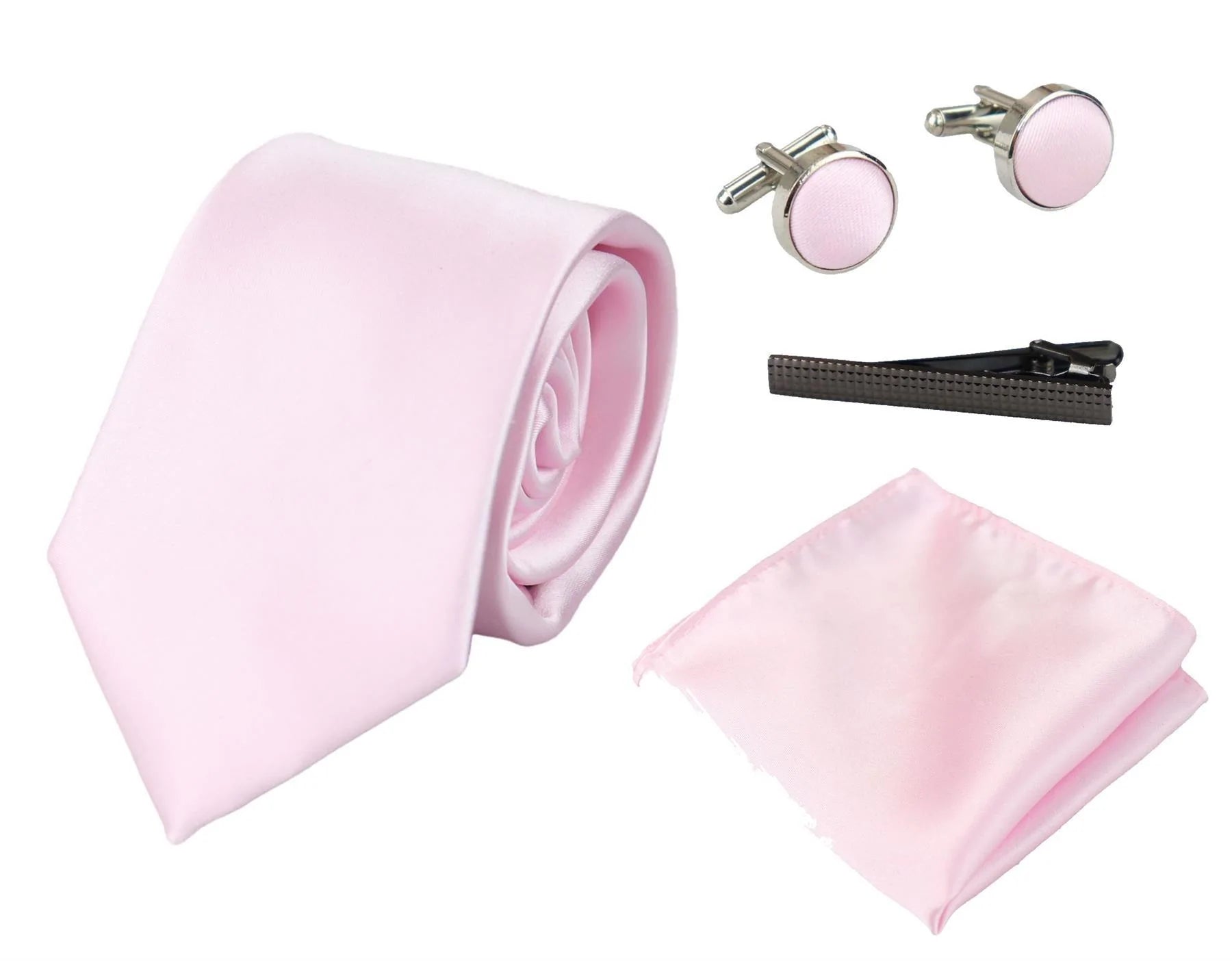 Rosa slips i satinsiden Presentset Näsduk Manschettknappar Slips i glansig satin