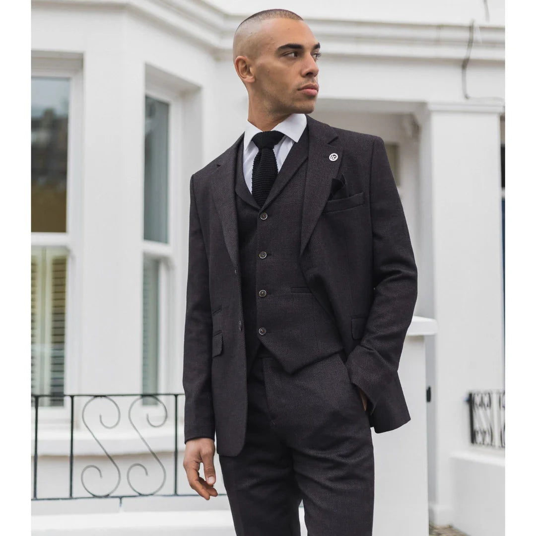 Herrkostym i tweed med plommonmönster och fiskbensmönster, tre delar