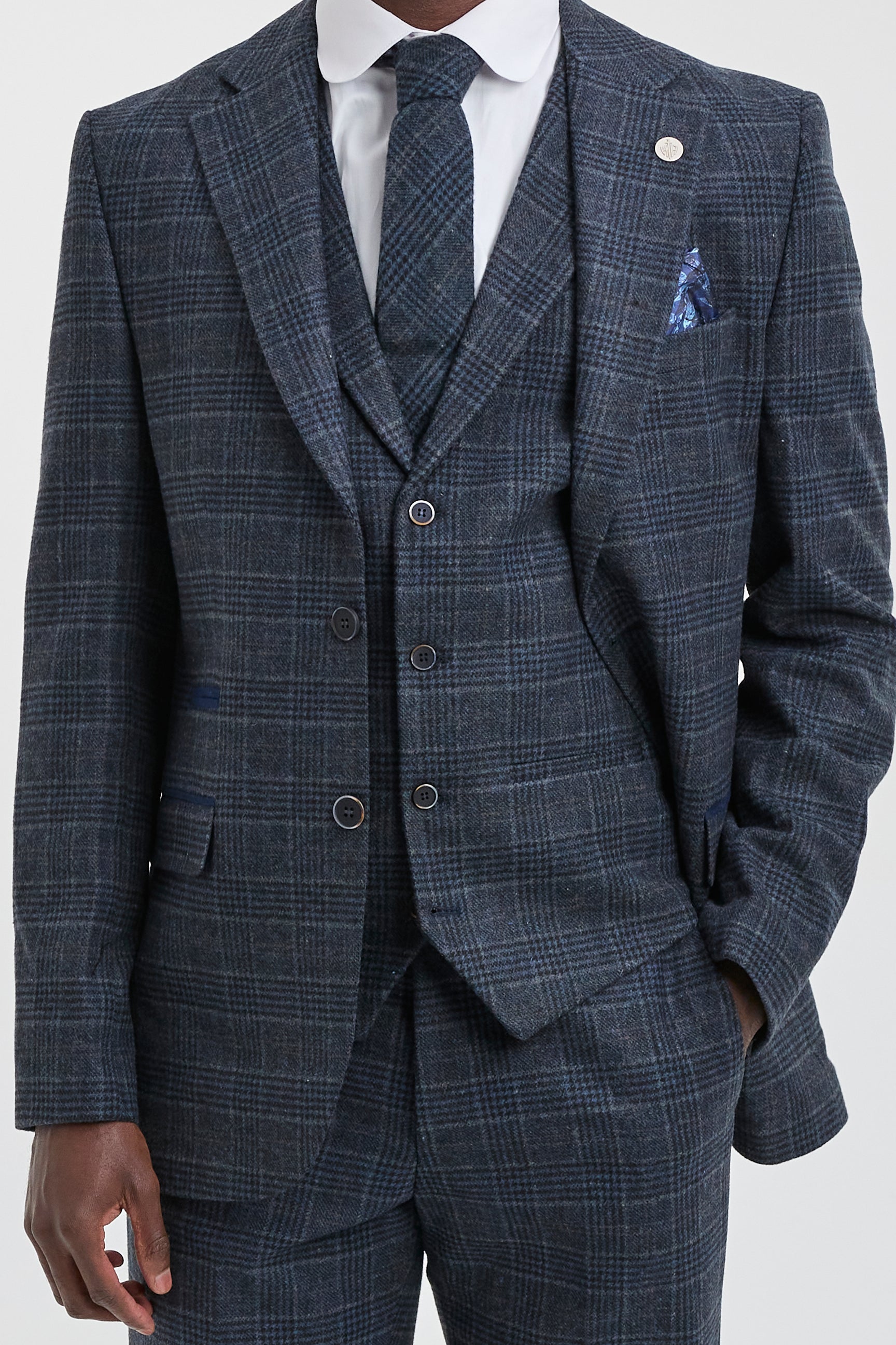 Herrkostym med blå rutig tartan, tre delar