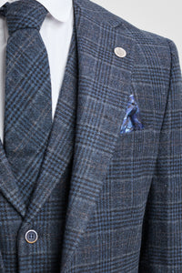 Herrkostym med blå rutig tartan, tre delar