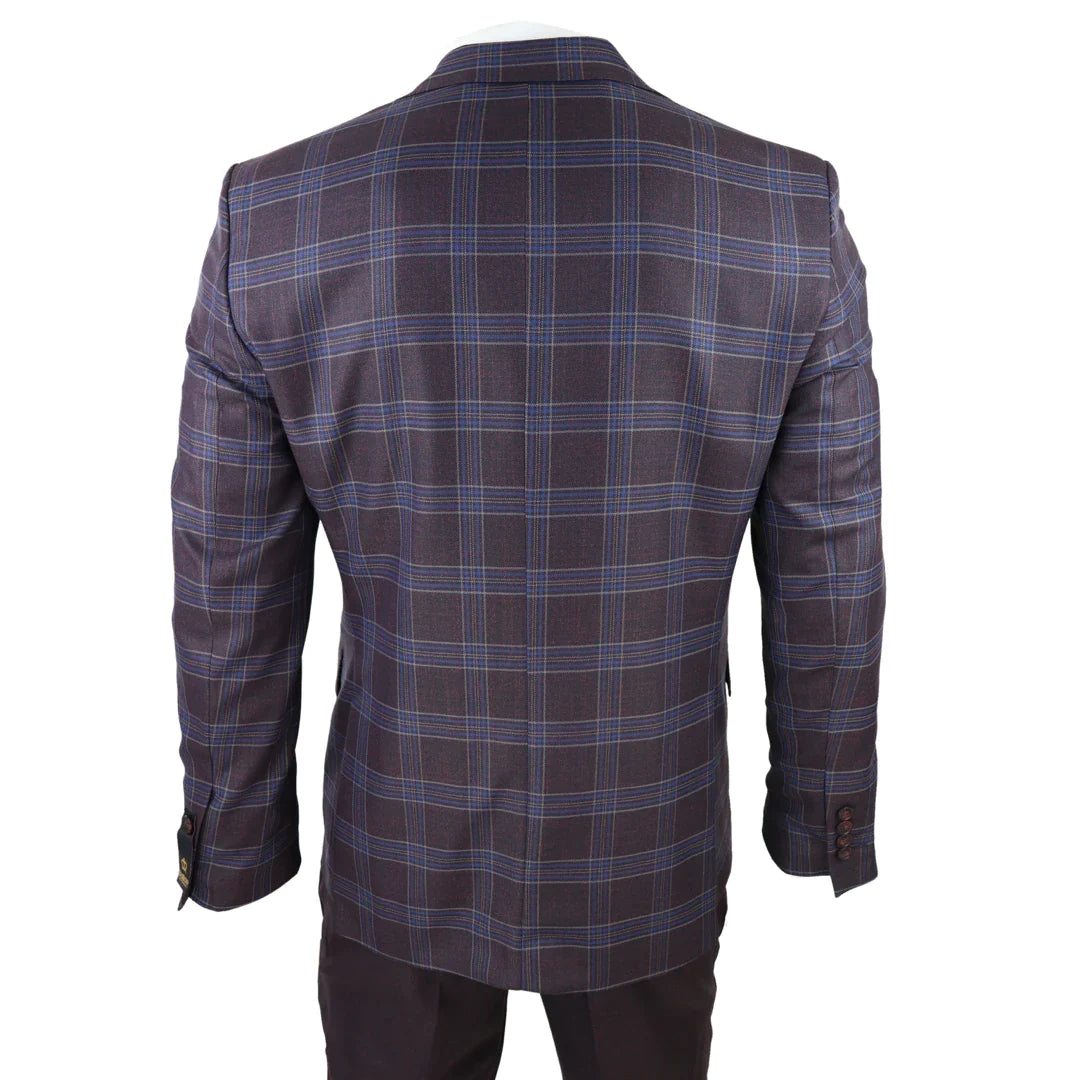 Herr 3-delad kostym Lila Blå Rutig Kontrastväst Byxor Bröllop
