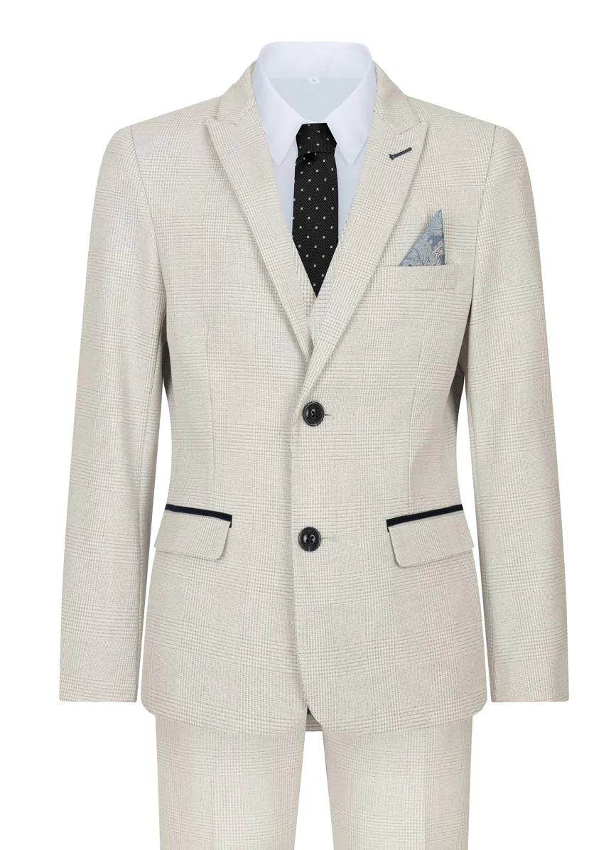 Pojkar 3-delad krämfärgad tweed bröllopsfest rutig kostym skräddarsydd passform elegant formell