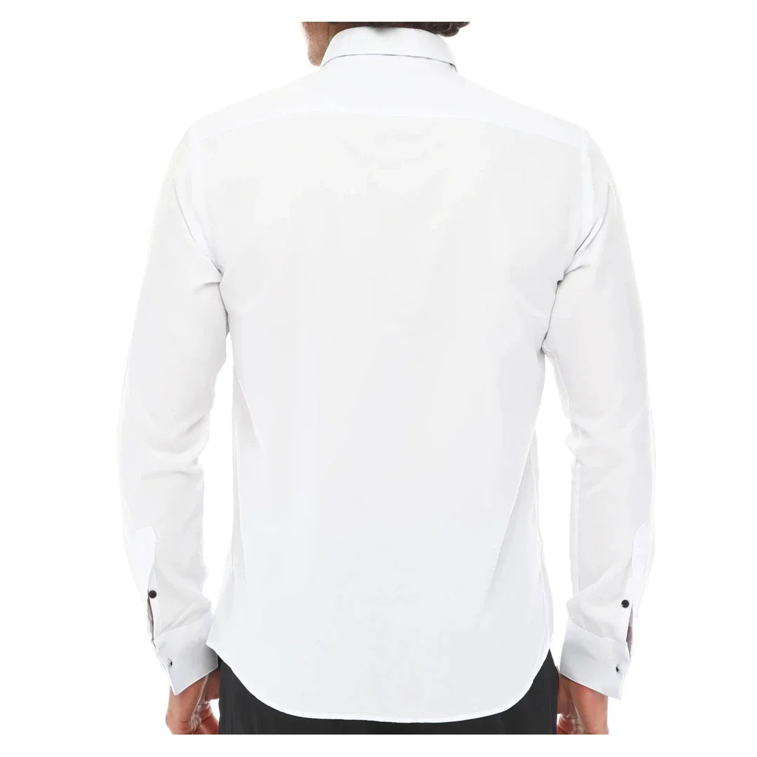 Herrskjorta med vingkrage, smoking, vit, svart, passpoal, dubbel manschett, klassisk middagsskjorta
