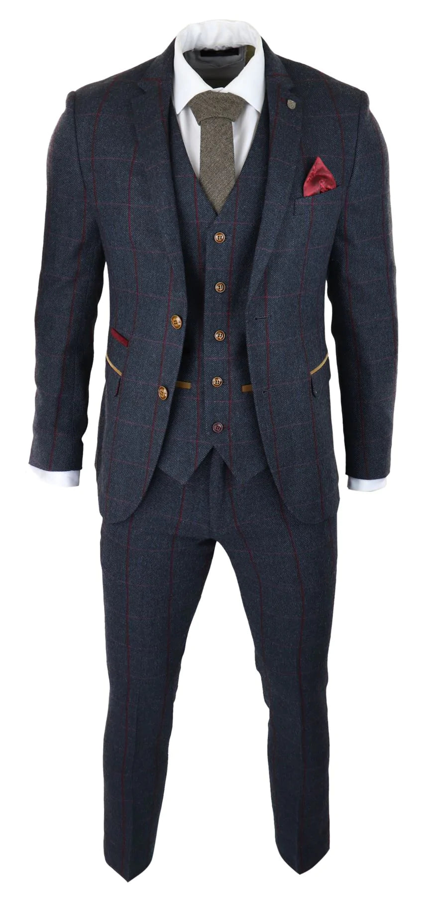 Herrkostym i fiskbensmönstrad tweed med 3 delar, marinblå rödrutig, skräddarsydd från 1920-talet