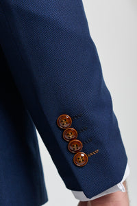 Marinblå 3-delad kostym med bruna detaljer, klassisk fågelstjärnskostym, vintage, bröllop, brudgummar