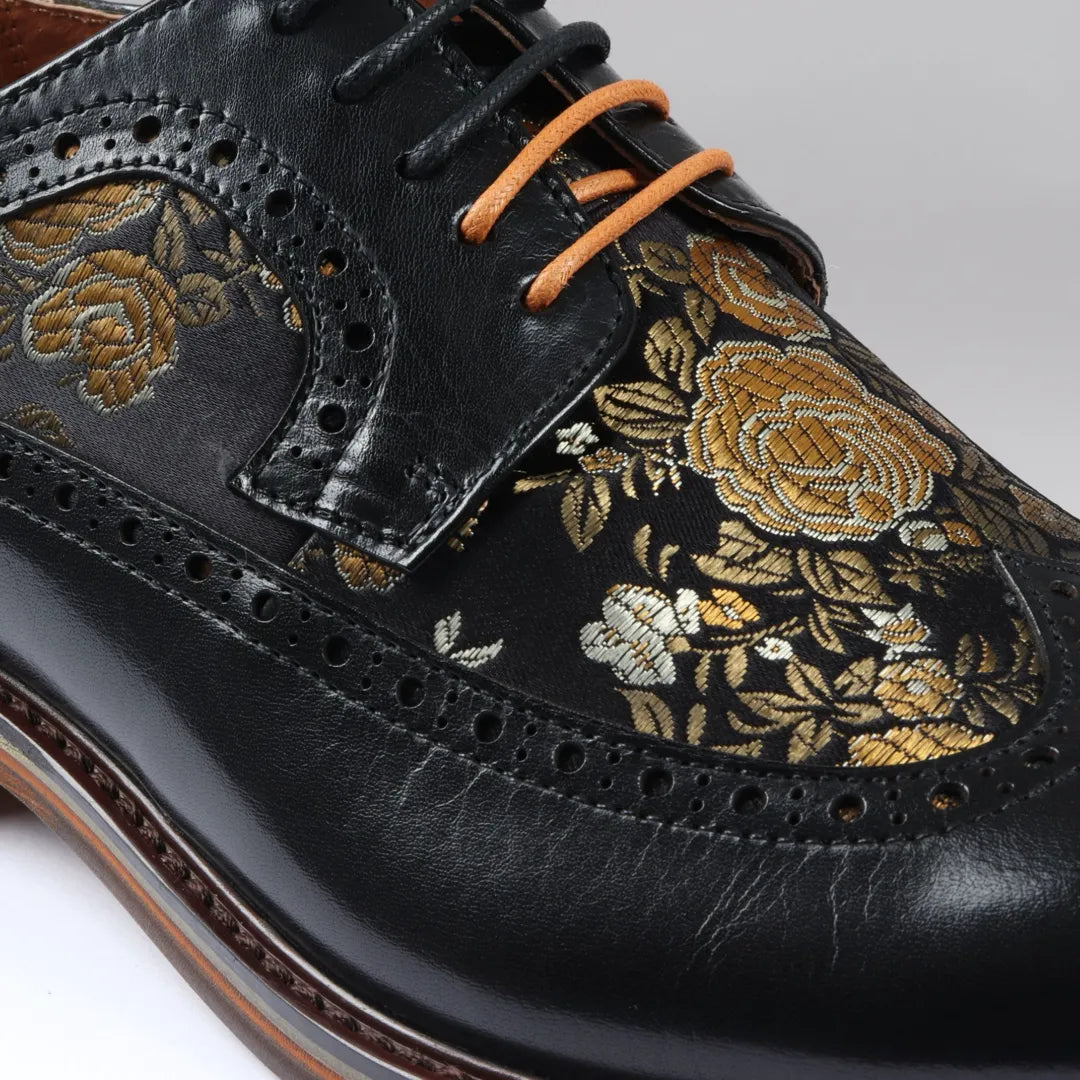 Ross - Herrskor med blommönster i läder, svart, brogue-modell